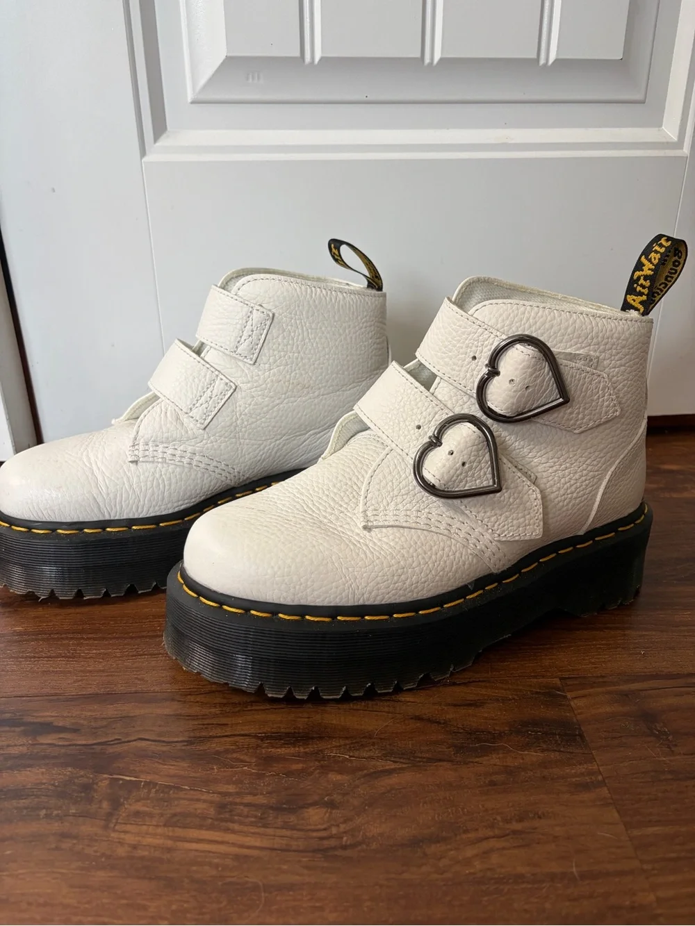 Dr Martens White Platform Heart-Buckle Women's Boots